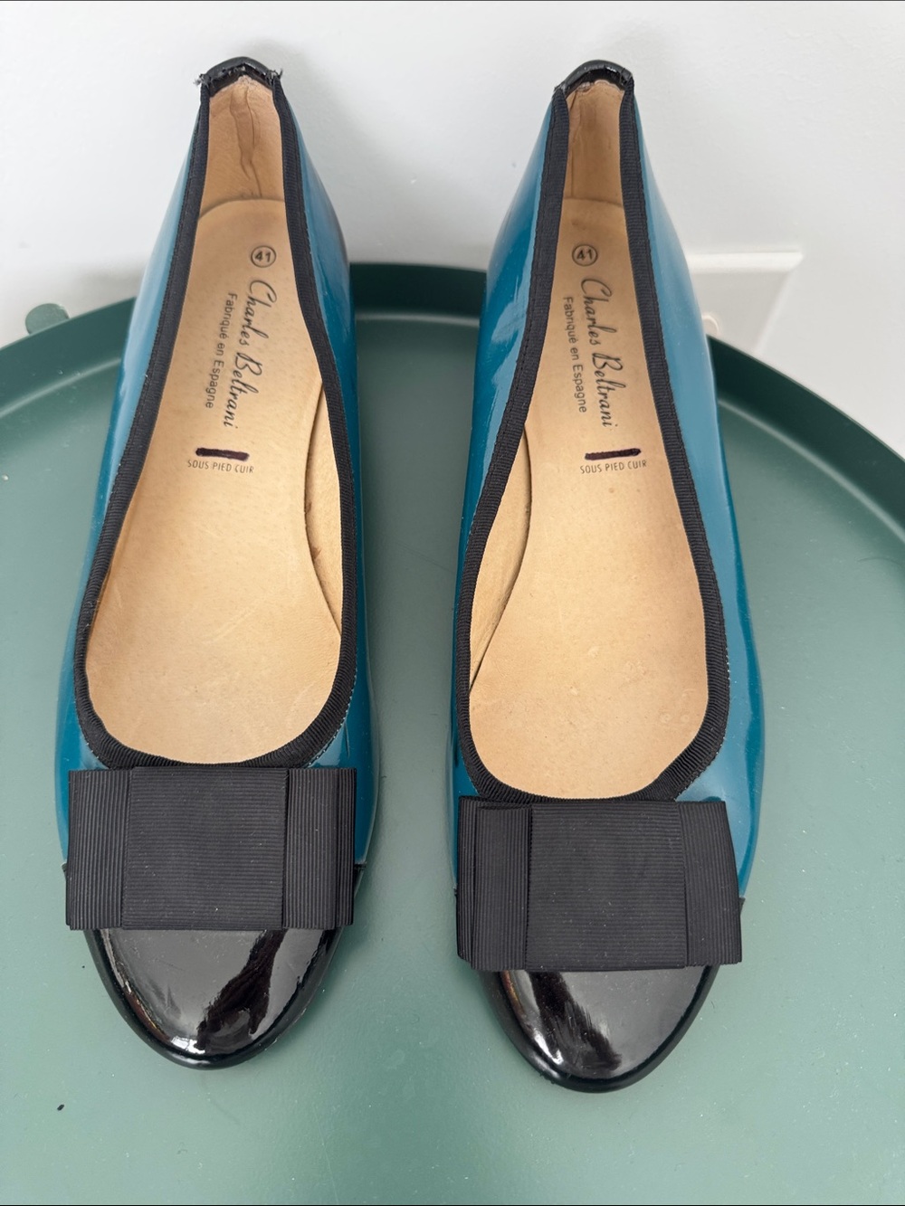 Black & Teal Patent Leather Ballet Flats with Bow